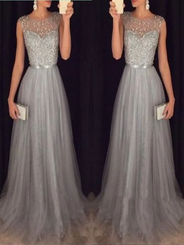 Flash Sale Fever A Line Round Neck Sleeveless Grey Prom Dresses With Sweep Train, Grey Formal Dresses Polished Finish