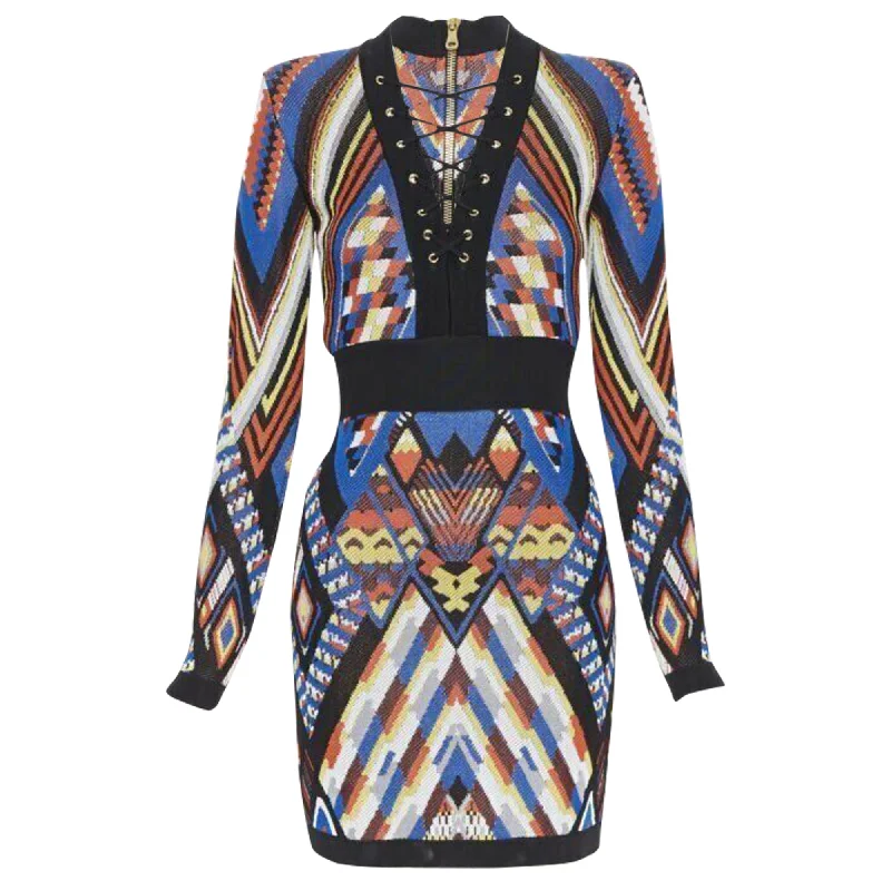 Street Chic Discounts Balmain ethnic tribal knitted lace V-neck bodycon mini dress Sophisticated Cut