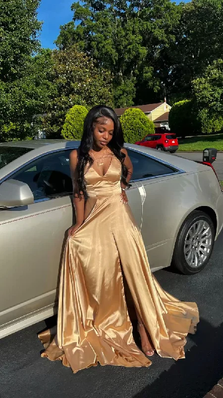 Catch Every Fashion Trend A Line V Neck Gold Sleeveless Satin Long Prom Dress,Formal Gown Y760 Boho - Chic Festival - Ready Style