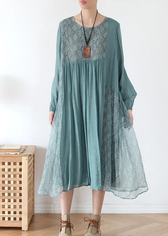 Limited Time French Blue O-Neck Patchwork Chiffon Vacation Dress Long Sleeve Feminine Allure