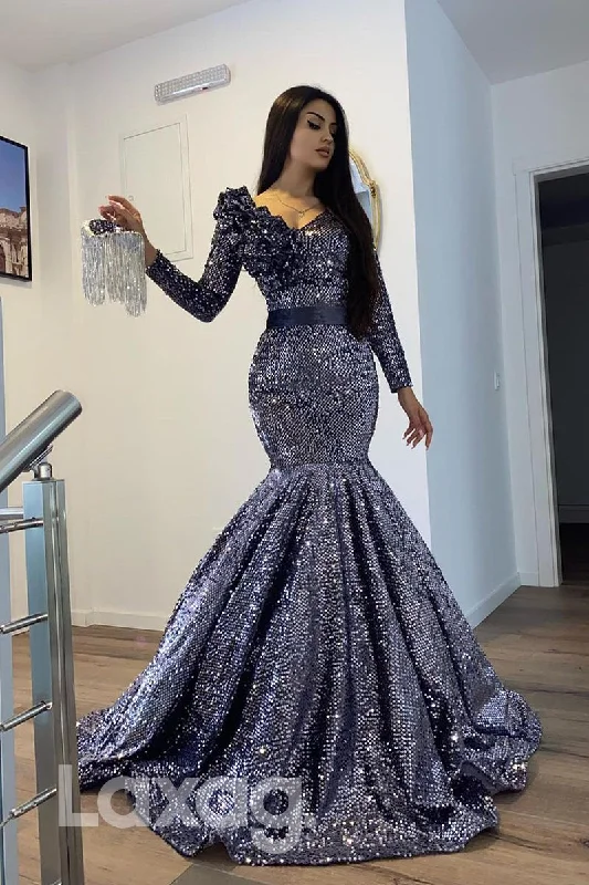 Limited Stock, Big Discounts 17765 - Sexy V-neck 3D Appliques Long Sleeves Mermaid Formal Evening Dress Y2K Nostalgic Fashion Look