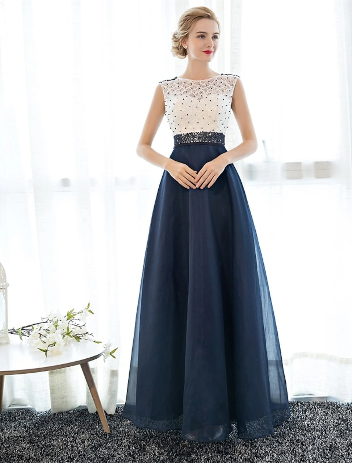 Budget-Friendly Fashion A-Line Beautiful Back Elegant Beaded & Sequin Prom Formal Evening Dress Illusion Neck Sleeveless Floor Length Tulle Over Lace with Beading Grab Romantic Date - Night Styles Now