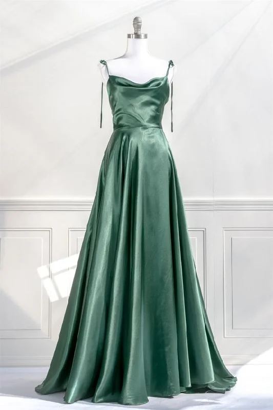 Exclusive Designer Style Deals Satin Bow Tie Straps A-line Cowl Neck Long Prom Dress Y4312 Modern Romance