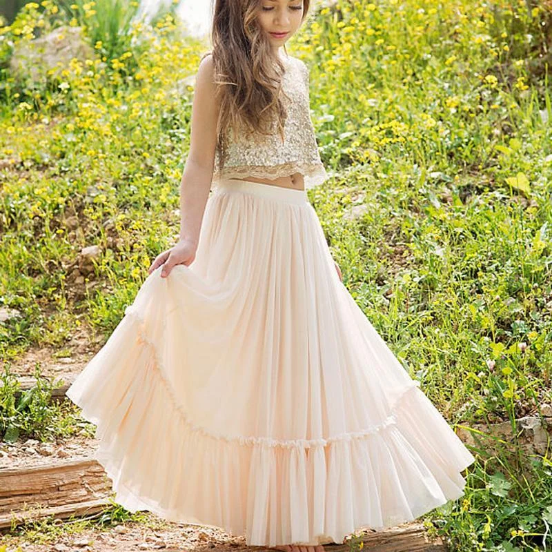 Avant-Garde Style Promotions Two Pieces Sequin Top Blush Pink Chiffon Skirt Flower Girl Dresses, Junior Bridesmaid Dresses, FG059 Y2K Nostalgic Fashion Look