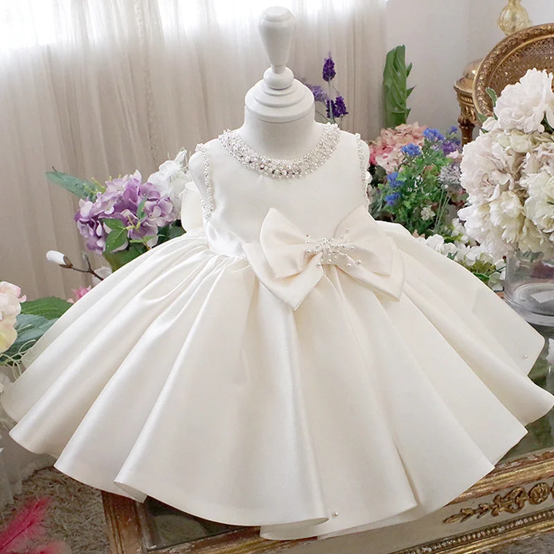 New Season Fashion Preview Sale Flower Girl Dresses Baby Girl White Textured Beaded Round Neck Sleeveless Puffy Princess Dress Urban Sophistication