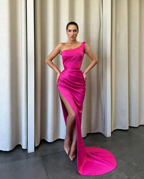 Fashion Deal Sexy Mermaid One Shoulder Fuchsia Satin Long Prom Dresses With Slit Y361 Chic Sophistication