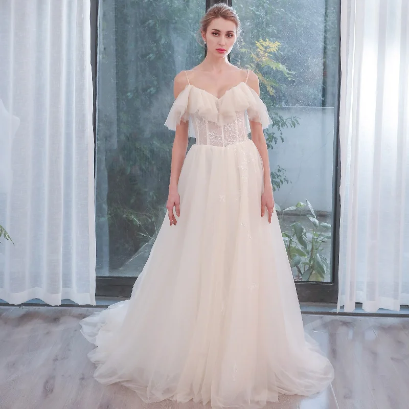 Spring Offer Lightweight Tulle A Line Skirt Wedding Dress with Spaghetti Straps Bold Patterns