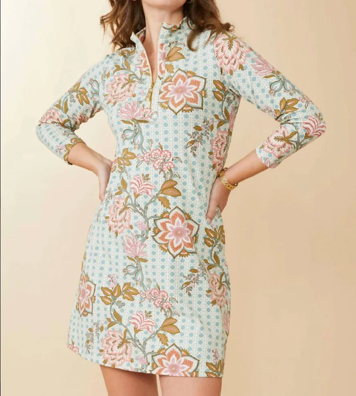 Valentine's Special Nora Half Zip Dress In Calm Waters Floral Cane Blue Alluring Design