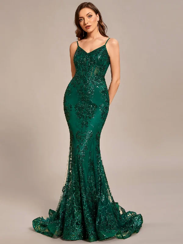 Vintage-Modern Style Offers Deep V-Neck Backless Bodycon Shiny Mermaid Evening Dresses Lightweight Fabric