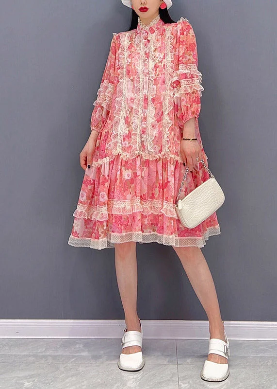 Essentials On Sale Vogue Red Stand Collar Print Patchwork Lace Ruffled Chiffon Dress Long sleeve Luxury Comfort