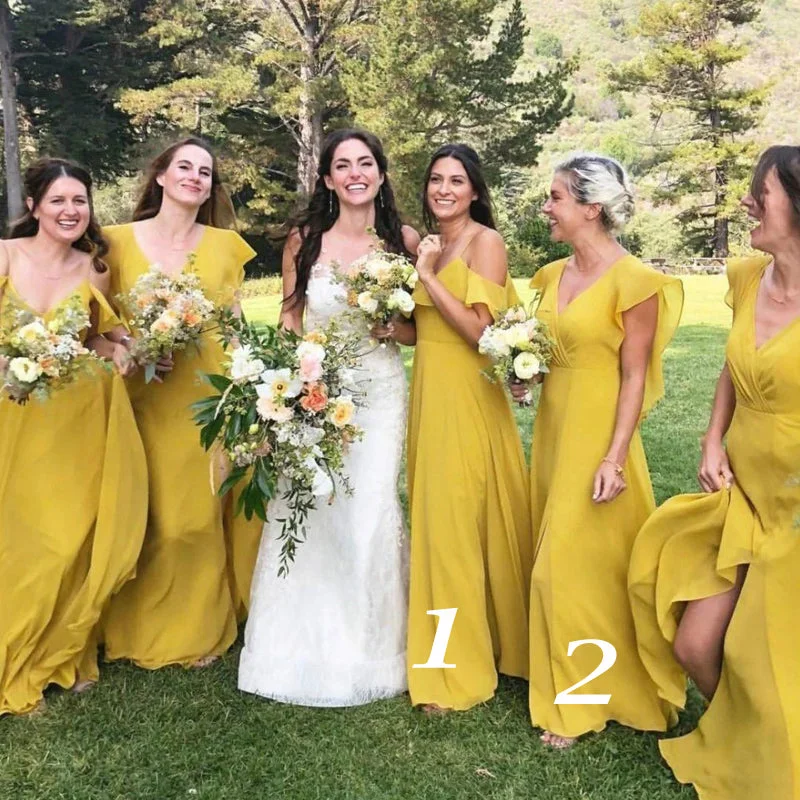 Fashion Forward Femininity Elegant Mismatched Yellow Modest Cheap Chiffon Long A-line Bridesmaid Dresses, WG699 Charming Silhouette