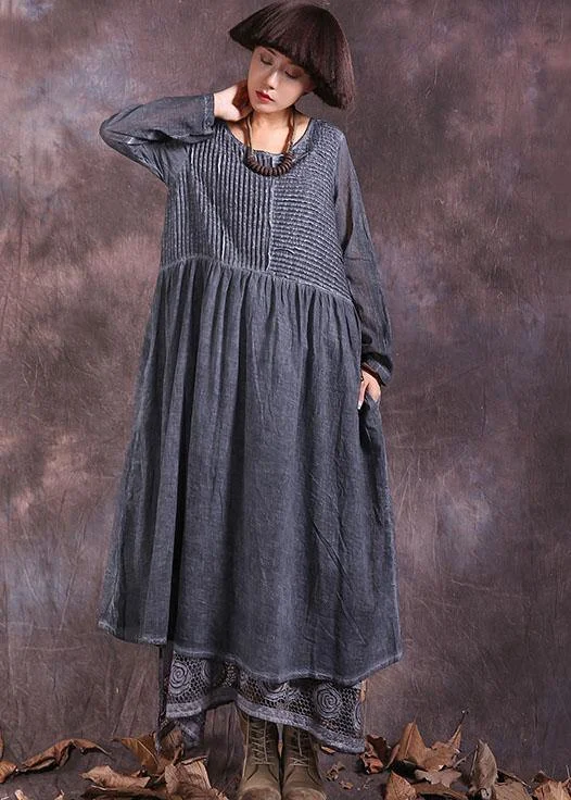 Seasonal Picks Beautiful gray long sleeve linen cotton clothes For Women Cinched long summer Dresses Polished Finish