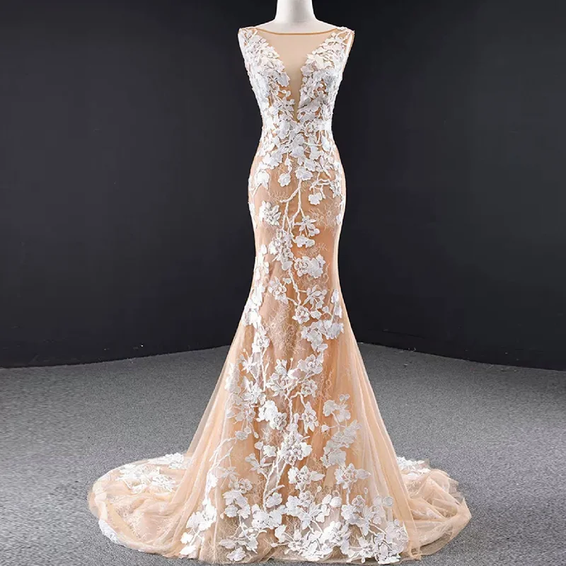 Exclusive Sale High-end Champagne Gold Mermaid Wedding Dress with Floral Lace Bold Patterns