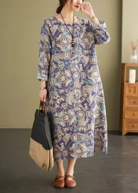 Hurry Before It'S Gone Loose Photo Color O-Neck Print Pockets Dress Long Sleeve Graceful Cut