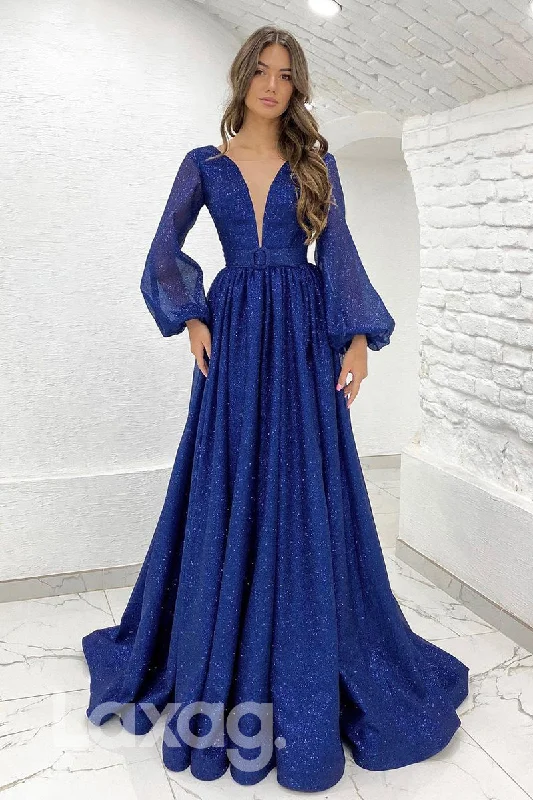 Chic Trends Unveiled 19710 - Attractive Deep V-Neck Long Sleeves Sparkly Prom Dress Dreamy Aesthetic