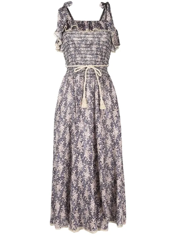 New Styles Just In Zimmermann Vitali Shirred Midi Dress Indigo Daisy Floral Luxury Comfort