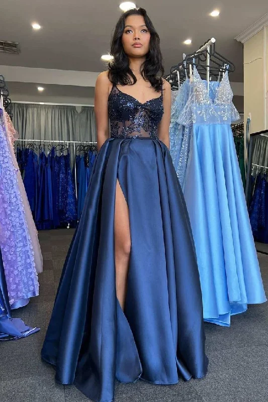 Polished Style Deals Navy Satin Lace V-Neck A-Line Long Prom Dress with Slit Y4024 Feminine Grace