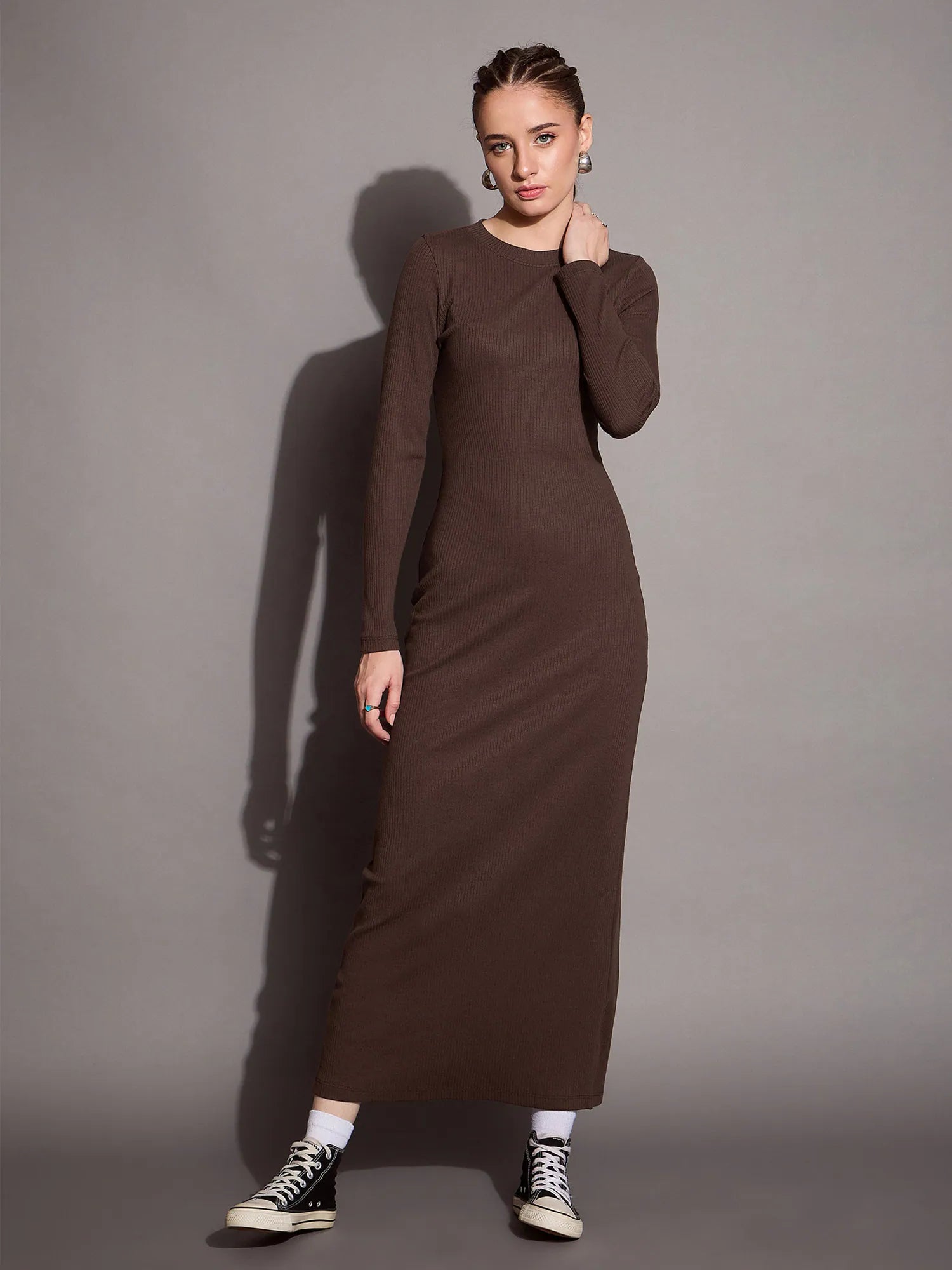 Style Redefined Women Brown Ribbed Bodycon Maxi Dress-SFDRSS12402 Mid - Season Sale