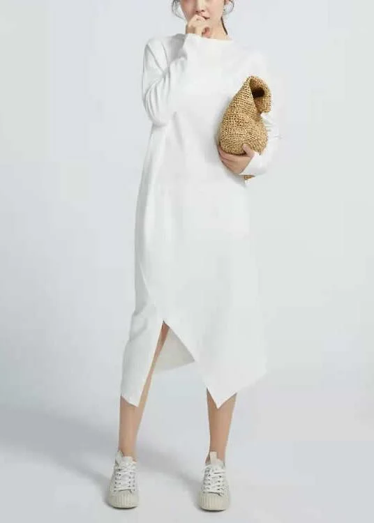 Fashion-Forward Natural White cotton Tunics Side Open  Maxi Long Sleeve  Dresses Classic Charm