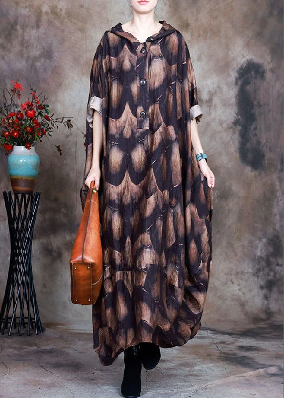 Forward Trendsetter Natural Chocolate hooded Button Print asymmetrical design Fall Dress Long sleeve Timeless Elegant