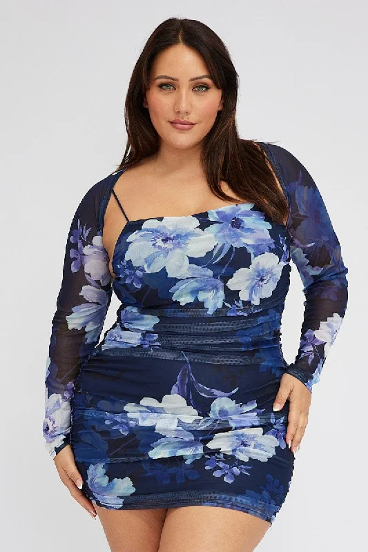 Seasonal Trends Blue Floral Mesh Bodycon Ruched Dress With Shrug Minimalist Office - Ready Style