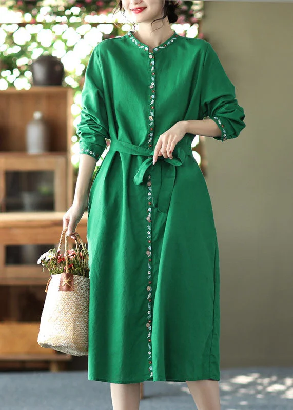 Flirty Fashion Discounts Loose Green Sashes Pockets Linen Holiday Dress Long Sleeve Formal Outfit