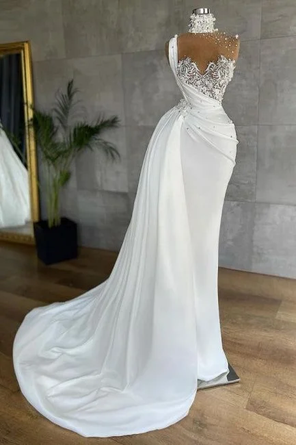 Dive Into Trendy Styles White Sleeveless Satin Beading Ruffles Mermaid Prom Dresses Y934 Ethnic Cultural Event Wear