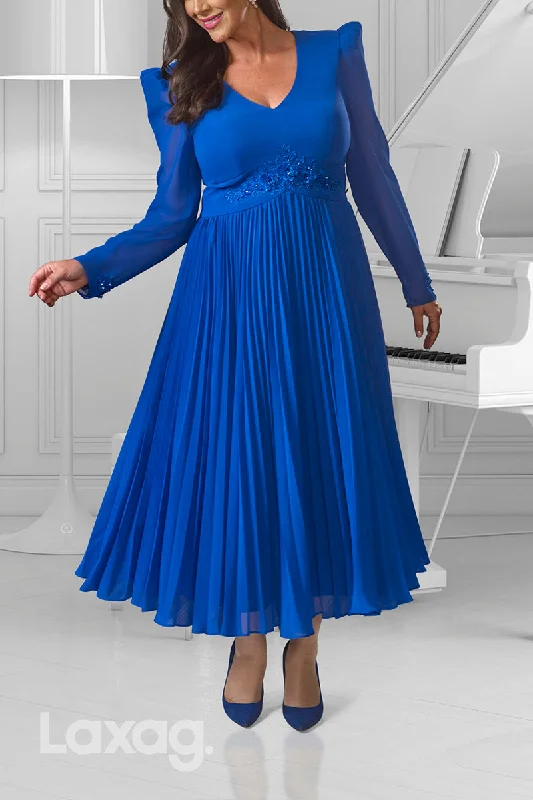 Premium Fashion 22834 - A-Line V-Neck Long Sleeves Appliques Elegant Mother of the Bride Dress Grab Romantic Date - Night Styles Now