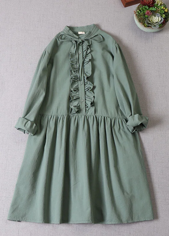 Insane Discount Onslaught Women Tea Green Ruffled Button Cotton Dress Long Sleeve Limited - Stock