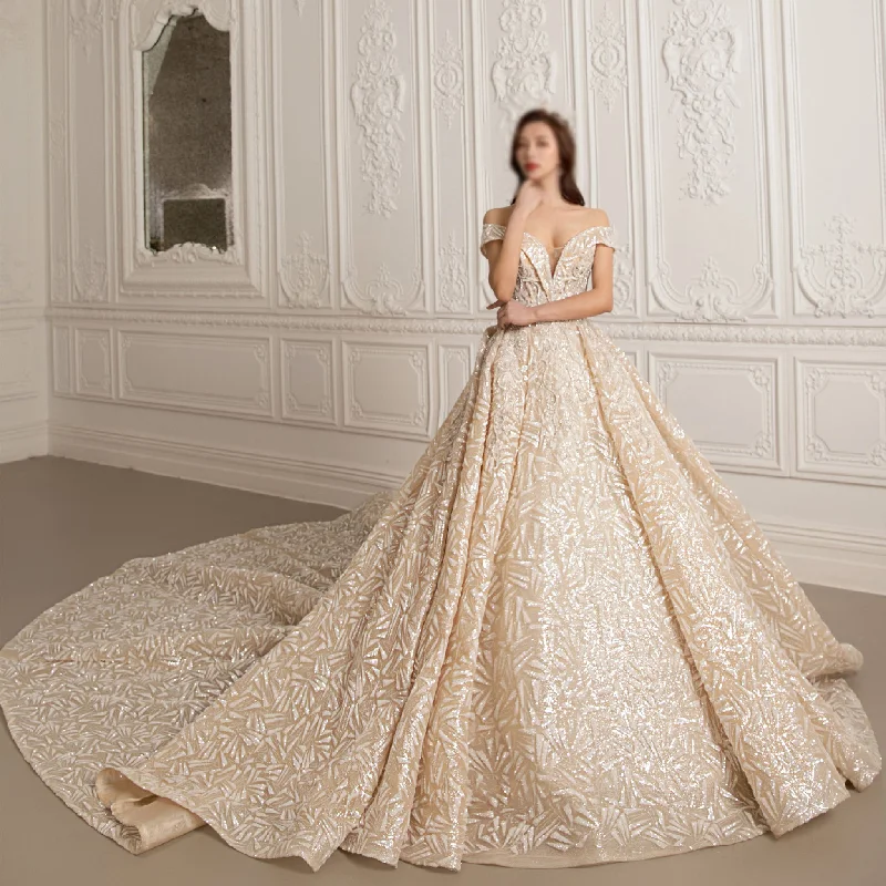 Forward Trendsetter Sparkly Off The Shoulder Ball Gown Wedding Dresses with Plunge Sophisticated Cut