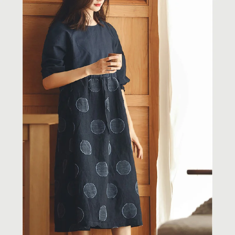 Unbeatable Deals baggy dark blue dotted cotton linen dress trendy plus size o neck baggy dresses Fine long sleeve dresses Feminine Charm