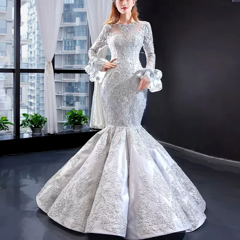 Contemporary Chic Promotions Trumpet Lace Overlay Wedding Dress With Long Sleeve Vibrant Prints