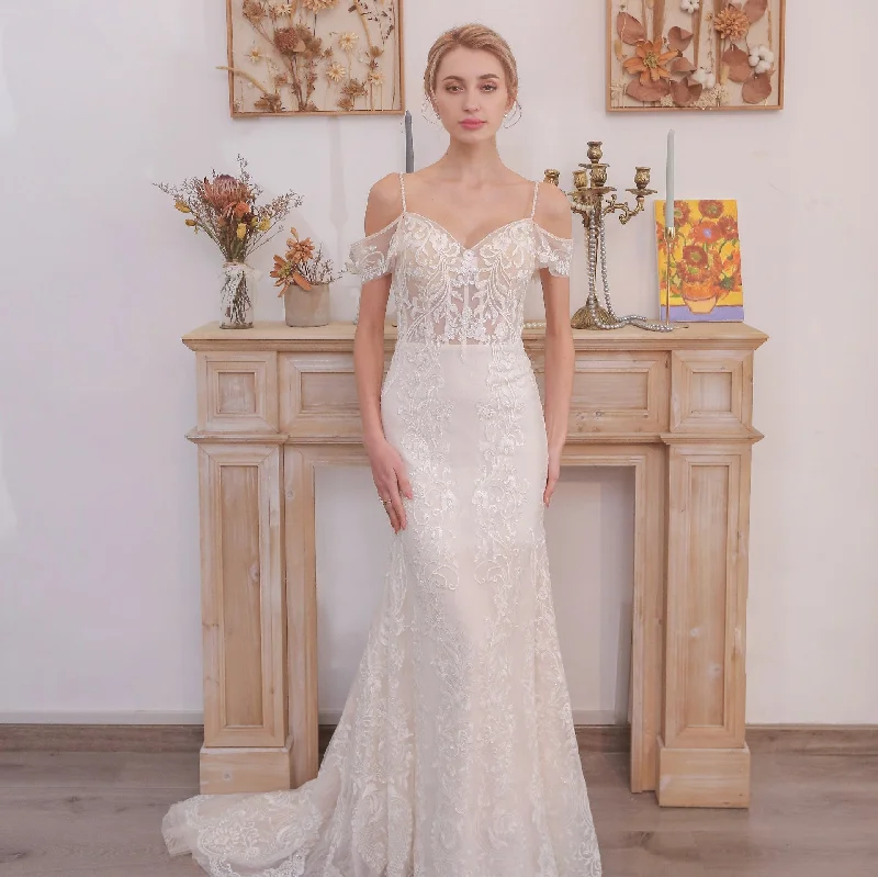 Additional Time-Limited Offers Long Spaghetti Straps Mermaid Lace Wedding Dresses with Beads Graceful Movement