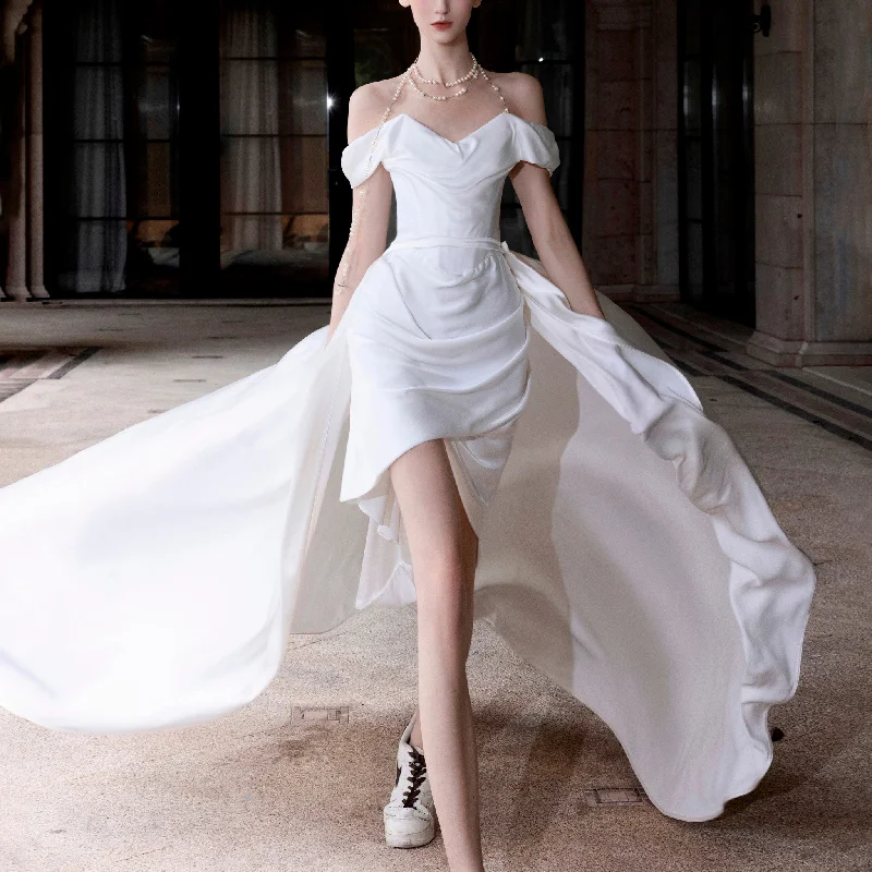 Enjoy Discount Hi-Lo Above the Knee Satin Wedding Dress with Off the Shoulder Bold Silhouette