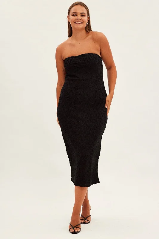 Step Ahead, Lead The Trend Black Bodycon Dress Strapless Midi Textured Timeless Elegant