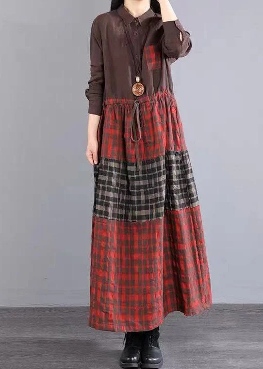 Shop Sale Items Elegant Chocolate Peter Pan Collar Button Tie Waist Plaid Linen Holiday Dress Long Sleeve Effortless Style