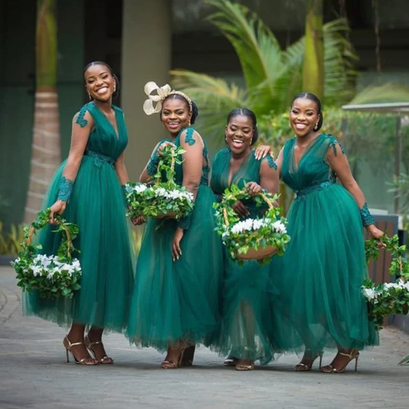 Trend Forward Threads Hunter Green Lace Sleeves V-neck A-line Tulle Tea-length Bridesmaid Dresses, BD3074 Effortless Sophistication