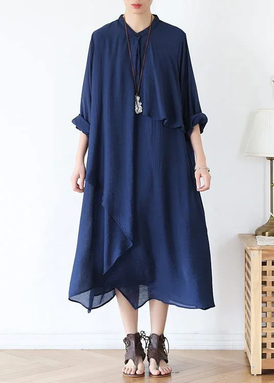 Hot Styles Classy o neck asymmetric fall for women long Sleeve blue long Dresses Feminine Flow