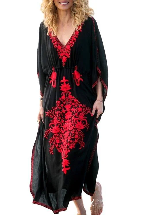 Discount Extravaganza Stylish Black Embroideried Long sleeve kimono robe Maxi  Summer Casual Chic