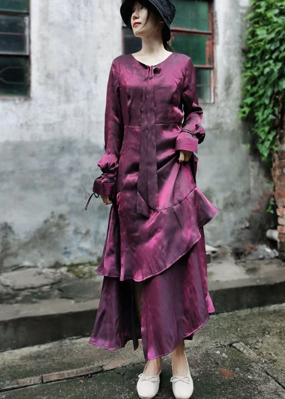 Luxe Style Discounts Elegant Maroon Asymmetrical Design Patchwork Ruffles Chiffon Dress Long Sleeve Feminine Elegant