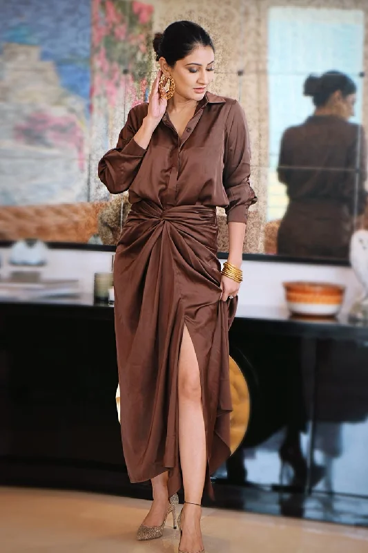 Popular Collection Brown Satin Shirt & Dhoti Co-Ord Set Elegant Details