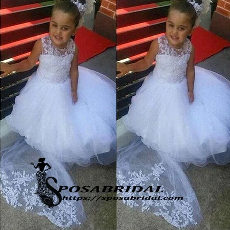 Seasonal Clearance White Lace Cheap Cute Baby  Flower Girl Dresses with train, Soft Modern Junior Bridesmaid Dress , FG128 Romantic Detailing