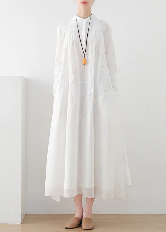 Limited Stock White Chiffon Patchwork Cotton Vacation Dresses Button Long Sleeve Modern Glamour