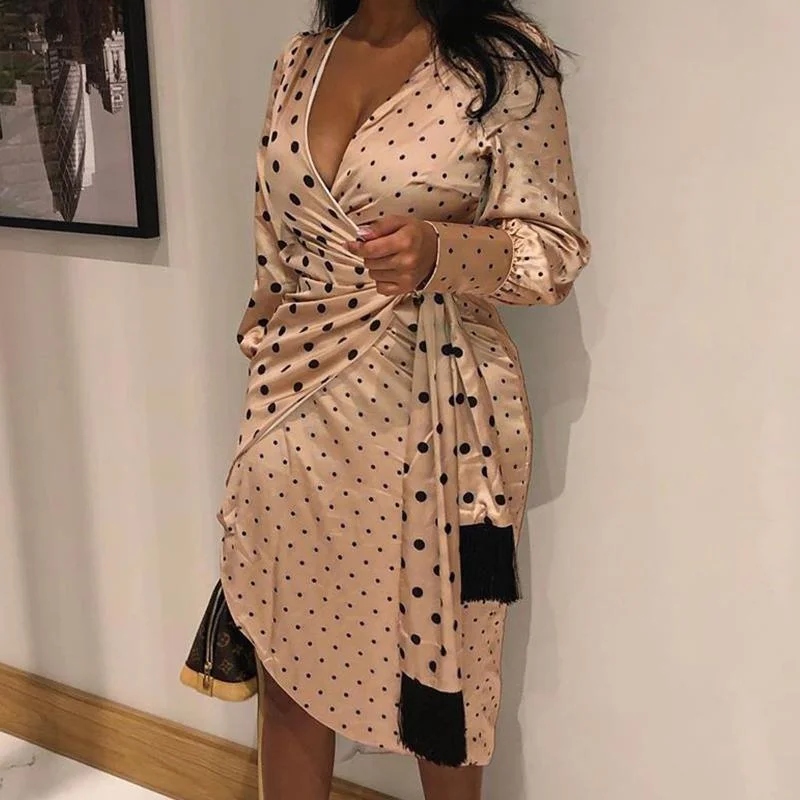 Shop Sales FashionSierra - Polka Dot Spliced Wrap Dress Women Irregular Long Sleeve V Neck Satin Dress Spring Fashion Vestidos De Verano Feminine Elegance