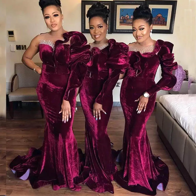 New Season Fashion Preview Elegant Burgundy Velvet One-shoulder Ruffle Mermaid Beads Floor-length Bridesmaid Dress, BD3187 Graceful Movement