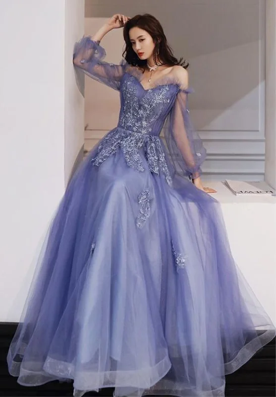 Chic Style Discounts Blue Purple Tulle Long Sleeves Lace Applique Formal Gown, Blue-Purple Evening Dress Prom Dress    cg21874 Exquisite Craftsmanship