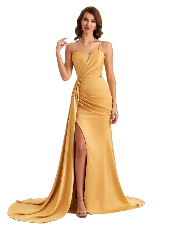 Hot Brand Discounts Elegant Spaghetti Straps  Soft Satin Side Slit Long Mermaid Wedding Guest Dresses Lightweight Fabric