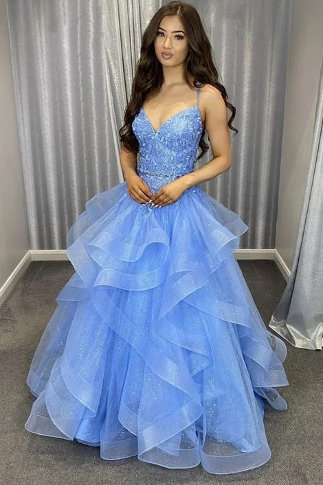 Mega Sale Blue lace long ball gown prom dress A line formal dress     cg22049 Vintage Retro Party Wear