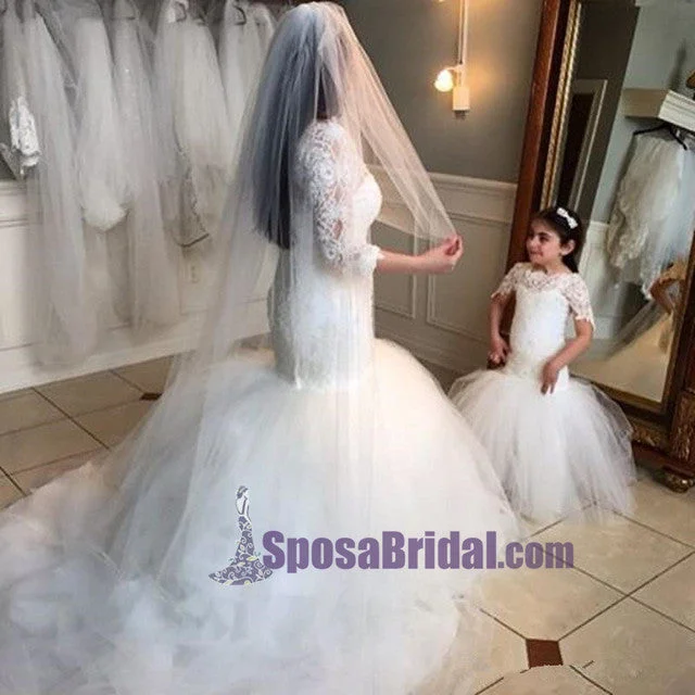 Dive Into Trendy Styles New Hot Selling  Custom Made Half Sleeves Floor Length Lace Mermaid Flower Girl Dresses, Junior Bridesmaid Dresses, FG114 Feminine Flow