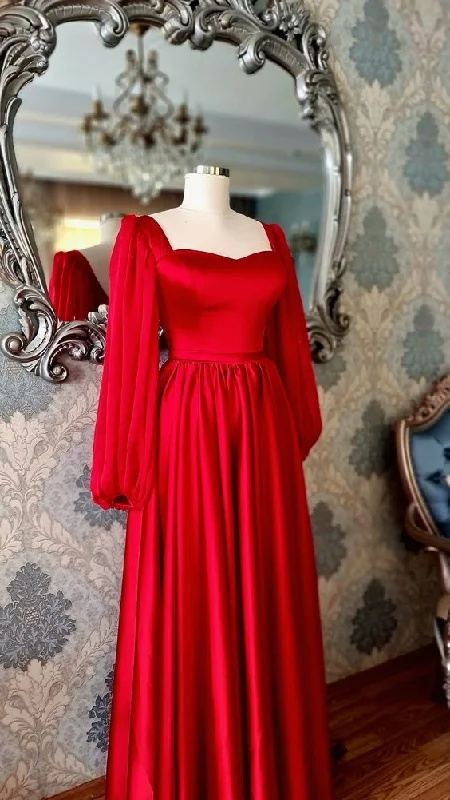 Trendy Threads Charming Red Satin Vintage Prom Dress,Red Long Sleeves Graduation Dress Y1186 Lightweight Fabric